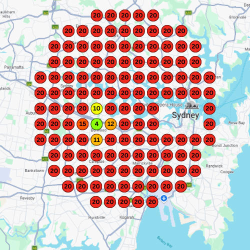 Before heatmap showing weak Google Maps visibility