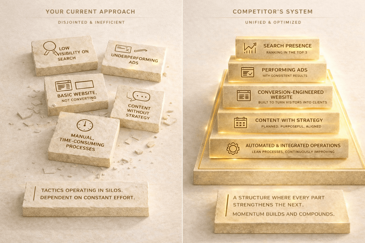 Split visual showing a fragmented, effort-heavy current approach versus a more integrated competitor system.